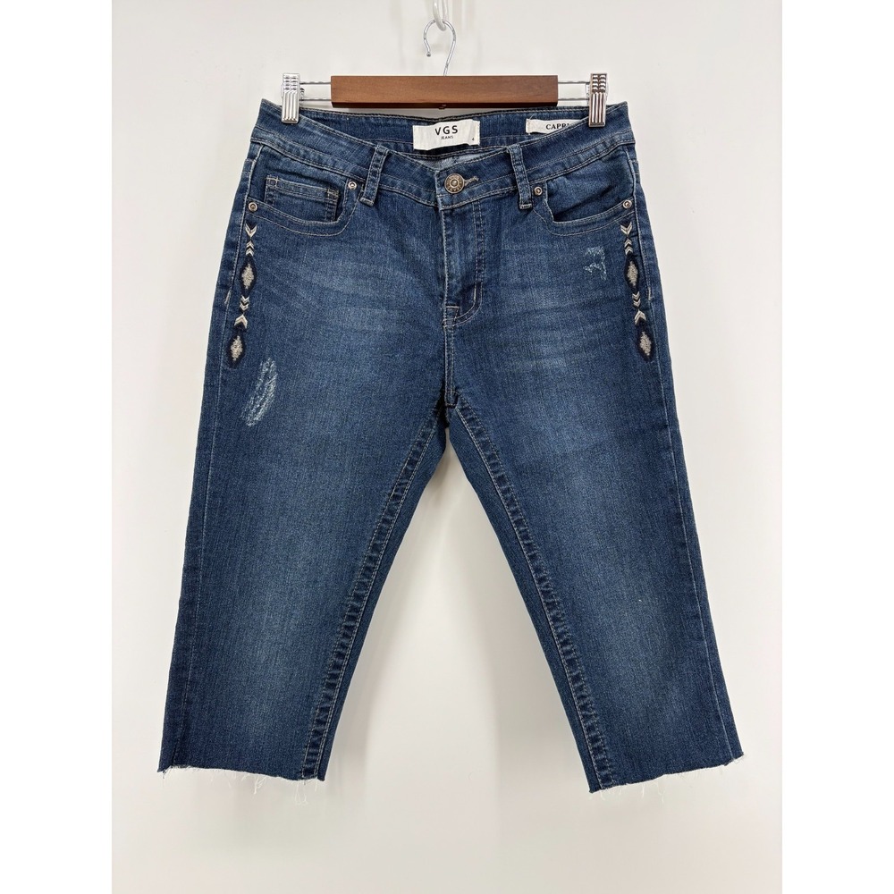 VGS Capri Jeans Womens 4 Blue Denim Stretch Embroidered Flap Pocket VGS-C5664A